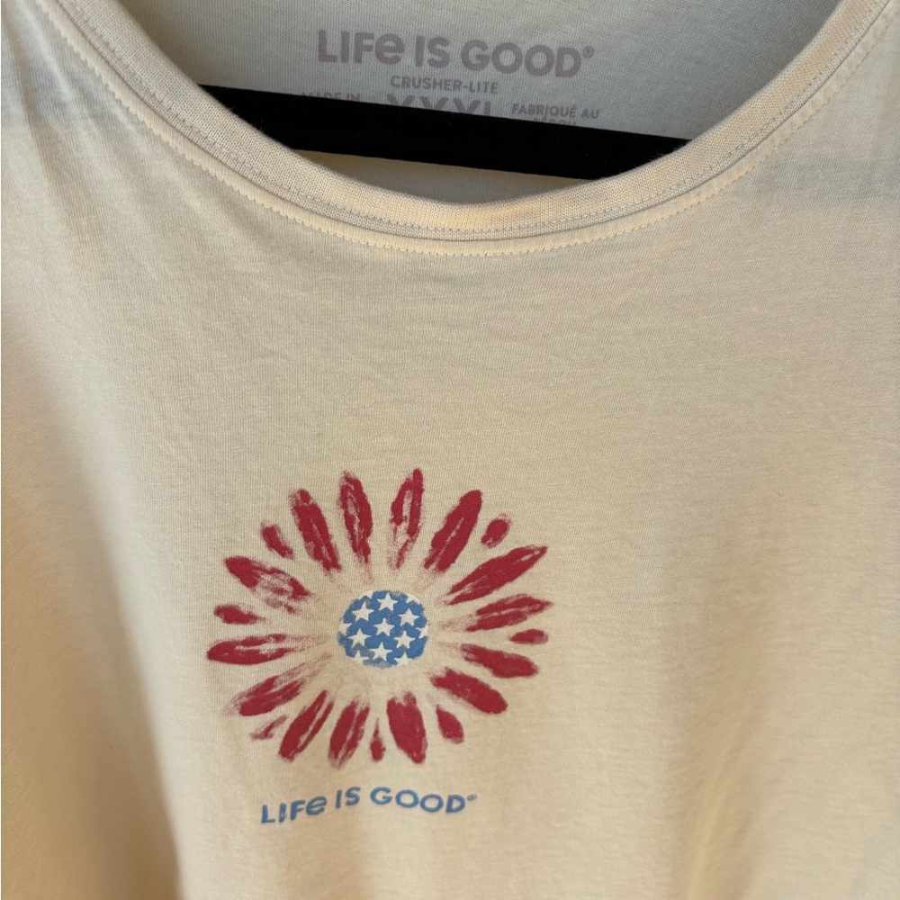 Life Is Good Cream Tee with Red and Blue Flower Graphic